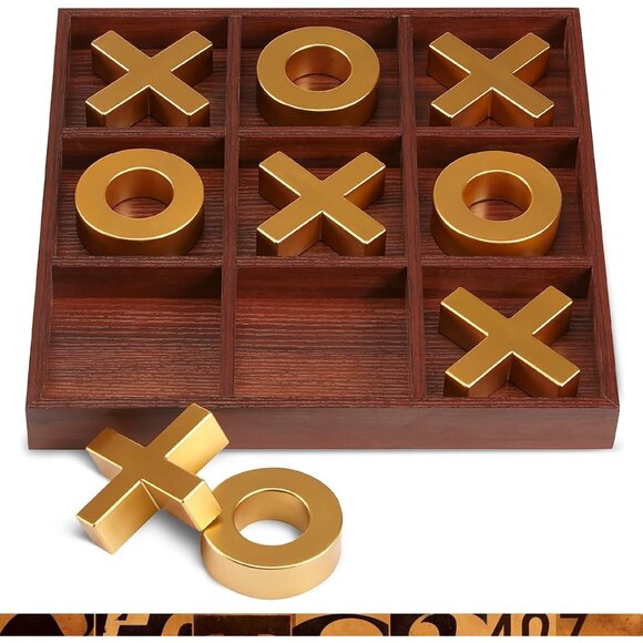 Refinery & Co. Wood Tic-Tac-Toe 14" Premium Board Game Brass-Look Play Pieces - Picture 1 of 6